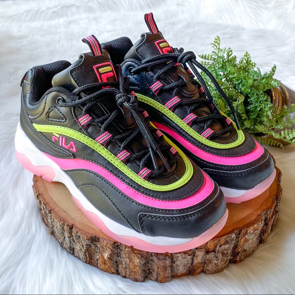 FILA Neon Pink & Green Black Sneakers Women's 7 Chunky Tennis Shoes